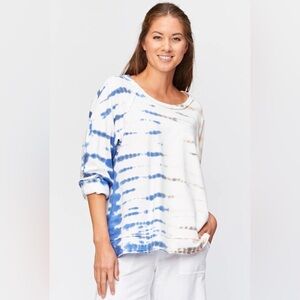 XCVI Wearables Gideon Pullover in White with Blue and Peach Tie Dye Pattern Top